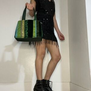 Green Velvet Patchwork Tote Bag - Designer Style